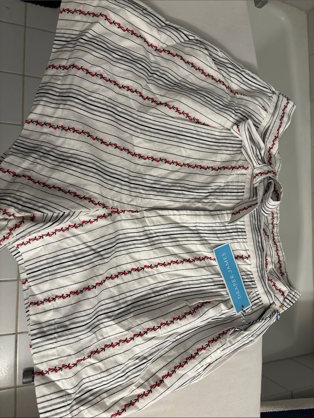 Draper James White Shorts with Stripes & Red/Pink Embroidery